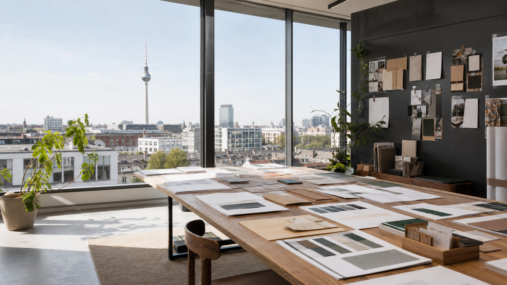 Urbanes Berliner Studio mit Projekttisch, Druckmustern und Skyline bei Abendlicht